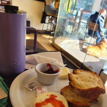 Cole Coffee - Matcha latte in my own drink container (left) and order of single poached egg and toast. Toast comes with strawberry jam and butter. - Coffee & Tea Near Me - Oakland, California Cole Coffee - Matcha latte in my own drink container (left) and order of single poached egg and toast. Toast comes with strawberry jam and butter. - Coffee & Tea Near Me - Oakland, California