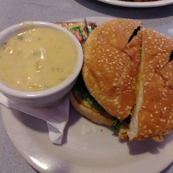 66 Diner - Pepperjack and green chile hamburger with a cup of green chile potato soup. - Diners Near Me - Albuquerque, New Mexico