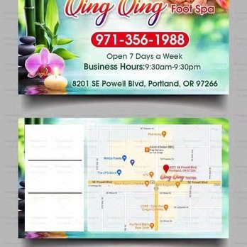 Qing Qing Foot Spa - Business card with hours and location - Massage Near Me - Portland, Oregon