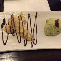 Kanda Japanese Restaurant - Tempura banana with chocolate sauce and green tea ice cream