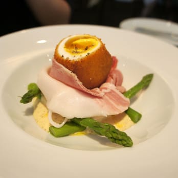 Café Boulud - crispy duck egg- jambon de paris, asparagus, and mustard dressing ($18) - Cafes Near Me - Toronto, Ontario