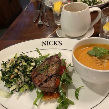 Nick's Laguna Beach - Petite fillet with tomato bisque and kale salad delicious - American Near Me - Laguna Beach, California Nick's Laguna Beach - Petite fillet with tomato bisque and kale salad delicious - American Near Me - Laguna Beach, California