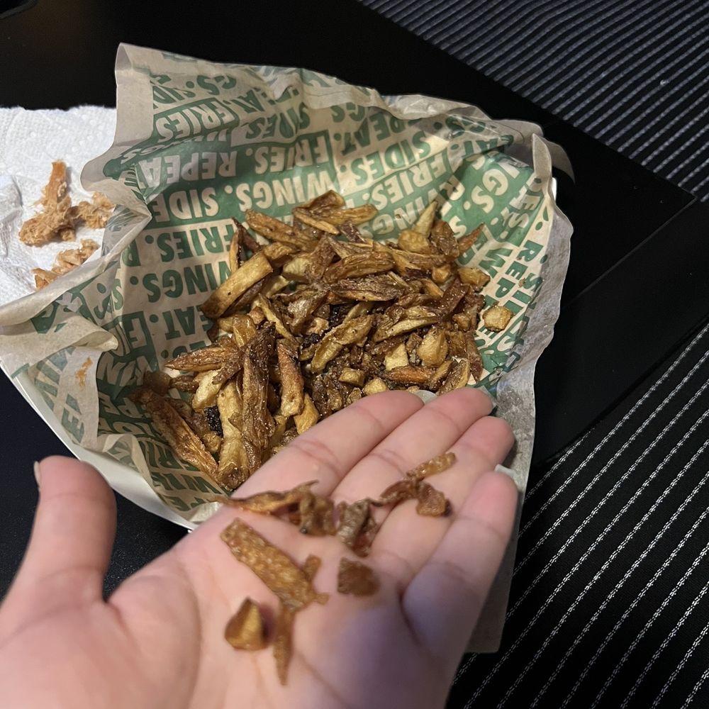 More than half of my fries were crumbs. Looks like the owners are trying to cut corners and serve scarps. More than half of my fries were crumbs. Looks like the owners are trying to cut corners and serve scarps.