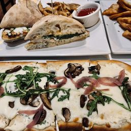 Mushroom Flatbread and Grilled Chicken Sandwich