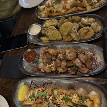 The Whiskey - From top to bottom - Crab Fries, Fried Pickles, Cheese Curds and Bangin ' Shrimp - American Near Me - Orlando, Florida