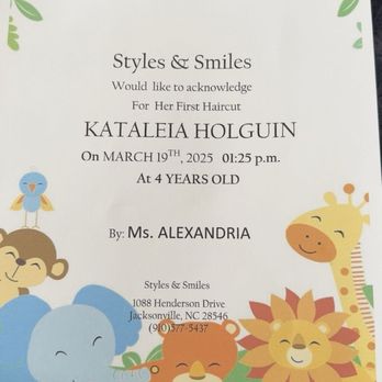 Styles & Smiles - Certificate of first haircut - Hair Salons Near Me - Jacksonville, North Carolina Styles & Smiles - Certificate of first haircut - Hair Salons Near Me - Jacksonville, North Carolina