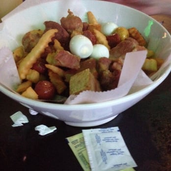 Los Verdes - Picadas (3 quail eggs, French fries, roasted small potatoes, cut up hot dogs and cut up pork rinds). $10 - Burgers Near Me - Weston, Florida Los Verdes - Picadas (3 quail eggs, French fries, roasted small potatoes, cut up hot dogs and cut up pork rinds). $10 - Burgers Near Me - Weston, Florida