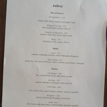 Aubrey - Dinner menu (opening night) - American Near Me - St. Louis, Missouri Aubrey - Dinner menu (opening night) - American Near Me - St. Louis, Missouri