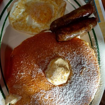 Stack'em High Pancakes & So Forth - Banana chocolate chip pancakes, over easy eggs, and sausage links - Pancakes Near Me - Kitty Hawk, North Carolina Stack'em High Pancakes & So Forth - Banana chocolate chip pancakes, over easy eggs, and sausage links - Pancakes Near Me - Kitty Hawk, North Carolina