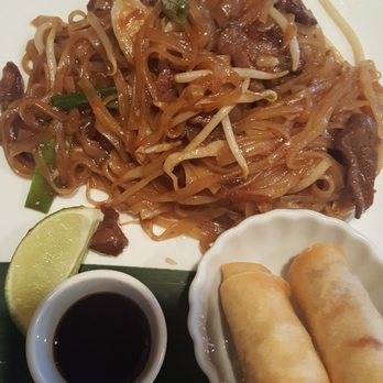 Hot Basil Thai Cafe - Beef Pad Thai without peanuts, w/Vegetable Spring Rolls - Thai Near Me - West Hartford, Connecticut