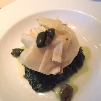 Marea - Halibut entree on bed of spinach with olives and kohlrabi - superb - Italian Near Me - New York, New York