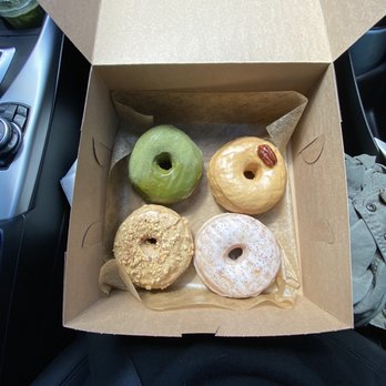 Good Town Doughnuts - top left: vegan matcha / top right: not vegan, can't remember / bottom left: vegan, can't remember / bottom right: vegan lemon poppyseed - Donuts Near Me - Costa Mesa, California Good Town Doughnuts - top left: vegan matcha / top right: not vegan, can't remember / bottom left: vegan, can't remember / bottom right: vegan lemon poppyseed - Donuts Near Me - Costa Mesa, California