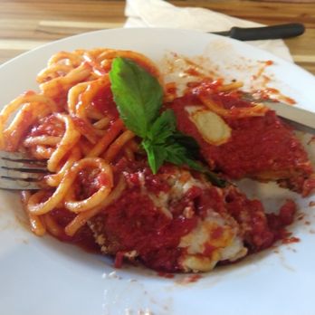 Lilla - Partly consumed "Chicken" Parmigiana. The presentation was gorgeous when it was brought out! We just dug in before taking a picture. - Vegan Near Me - Portland, Oregon Lilla - Partly consumed "Chicken" Parmigiana. The presentation was gorgeous when it was brought out! We just dug in before taking a picture. - Vegan Near Me - Portland, Oregon