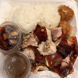 Lechon plate with rice and 2 poi cascaron (mochi) - $20