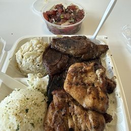 Combo plate lunch. Kalbi, pulehu guava chicken, rice, and mac salad. 1/2lb Hawaiian style poke in the bowl. Combo plate lunch. Kalbi, pulehu guava chicken, rice, and mac salad. 1/2lb Hawaiian style poke in the bowl.