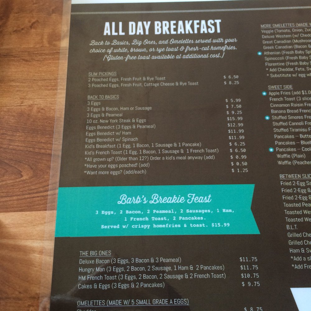 Barb's Country Kitchen - Menu. Listed meals are supposed to come with bread and home fries. - Burgers Near Me - Orangeville, Ontario