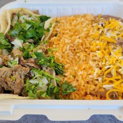 El Rancheros Mexican Food - Carne Asada, 2 qty soft tacos with rice and beans.