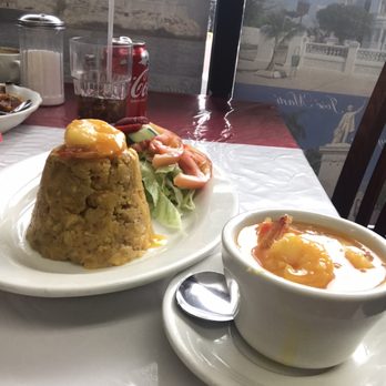 La Churreria - Mafongo con Camarones (Green Plantains with Shrimp) with the side salad. - Latin American Near Me - Union City, New Jersey