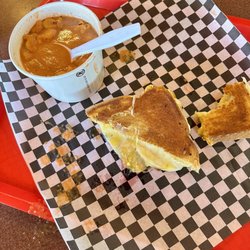 Toastie - Regular grilled cheese sandwich and a bowl of tomato soup