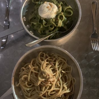 Carmelina's - Tonno con Pesto Siciliano e Fusilli and Carbonara - Italian Near Me - Boston, Massachusetts
