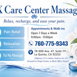 ZX Care Center MASSAGE
78-900 Ave. 47, Suite 111,La Quinta, CA 92253
call:760-775-9343