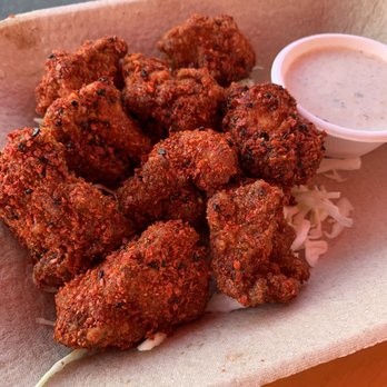 Wursthall - Kenji's Korean Hot Chicken Bites with yogurt ranch. Spicy, but absolutely delicious! - German Near Me - San Mateo, California