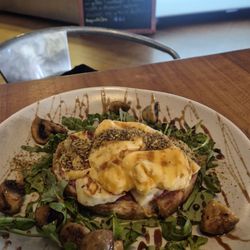 Roadies Cafe - Beetroot bruscetta with egg, haloumi, mushues, rocket and a sticky pommegranite glaze.  delish fancy flavours!