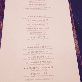 Barbareño - Dinner menu on October 31, 2014. Dessert and drinks on a separate menu. - New American Near Me - Santa Barbara, California Barbareño - Dinner menu on October 31, 2014. Dessert and drinks on a separate menu. - New American Near Me - Santa Barbara, California