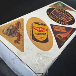 Portage Printing - Business Cards come packed in a box decorated with Retro Stickers.