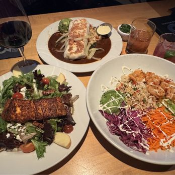Dj's Bar and Grill - Cover 3 Salad with Salmon, Dynamite Shrimp, and Beef Burrito - Sports Bars Near Me - San Antonio, Texas Dj's Bar and Grill - Cover 3 Salad with Salmon, Dynamite Shrimp, and Beef Burrito - Sports Bars Near Me - San Antonio, Texas