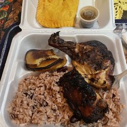 Jamaican Jerk Center - Jerk Chicken, Plantain Bites, meat pie