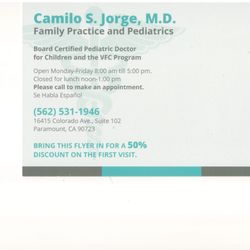 Jorge Camilo S, MD - 50% off First Office Visit. Immigration NOT Included. Offer good through July 2020