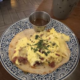 Bacon eggs and cheese taco $5