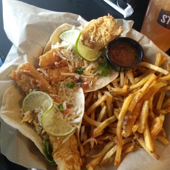 Tapester's Grill - Fish taco and grilled pineapple chicken breast, medley rice and veggies. - American Near Me - Houston, Texas Tapester's Grill - Fish taco and grilled pineapple chicken breast, medley rice and veggies. - American Near Me - Houston, Texas