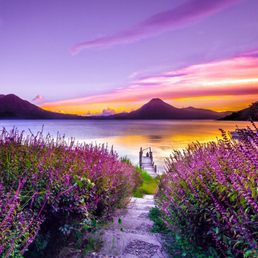 a pathway leading to a lake and mountains