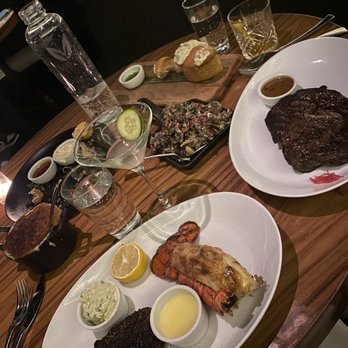 STK Steakhouse - Surf and turf with lobster tail, Delmonico, loaded mashed potatoes, calamari, cucumber stiletto martini, Not Your Daddy's Old Fashioned - Steakhouses Near Me - Chicago, Illinois