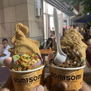 Somisomi - Matcha/ube swirl with custard fish on left. Milk/Oreo swirl with Nutella fish on right - Desserts Near Me - Cupertino, California Somisomi - Matcha/ube swirl with custard fish on left. Milk/Oreo swirl with Nutella fish on right - Desserts Near Me - Cupertino, California