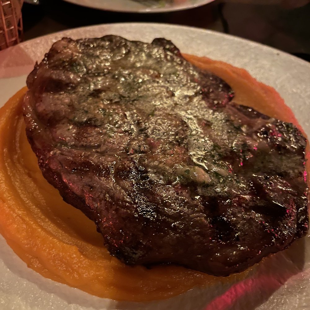 WarrenPeace - Ribeye w/ bone marrow butter and sweet potato puree - Cocktail Bars Near Me - New York, New York WarrenPeace - Ribeye w/ bone marrow butter and sweet potato puree - Cocktail Bars Near Me - New York, New York