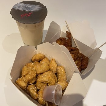 i-Tea - B7 Jasmine Green Milk Tea, Y1 Basil Popcorn Chicken, and Y7 Taiwanese Tempura - Bubble Tea Near Me - Fremont, California