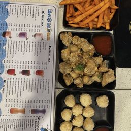 sweet potato fries, popcorn chicken, and fish balls sweet potato fries, popcorn chicken, and fish balls