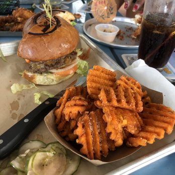 Kai Eats + Drinks - Smash burger with sweet potato fries - Tacos Near Me - Kailua-Kona, Hawaii Kai Eats + Drinks - Smash burger with sweet potato fries - Tacos Near Me - Kailua-Kona, Hawaii