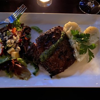Penumbra - Flat iron steak cooked medium, with salad and roasted poblano purée whipped potatoes. - Wine Bars Near Me - Chicago, Illinois
