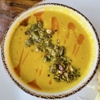peasants FEAST - Butternut Squash Soup with pepitas + chili oil - American Near Me - Solvang, California