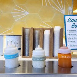 Brown Bag Seafood - Help yourself to the sauces. Ketchup, hot sauce, tartar sauce, Ranch and Boss sauce.