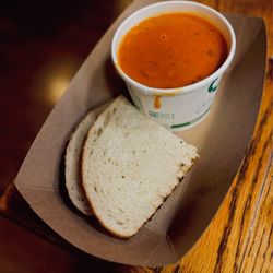 Tomato Basil Bisque with two slices of Sourdough