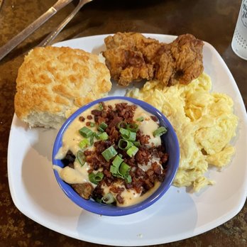 Biscuit Head - Full Breakfast with loaded home fries and fried chicken. Eggs scrambled! - Bakeries Near Me - Asheville, North Carolina