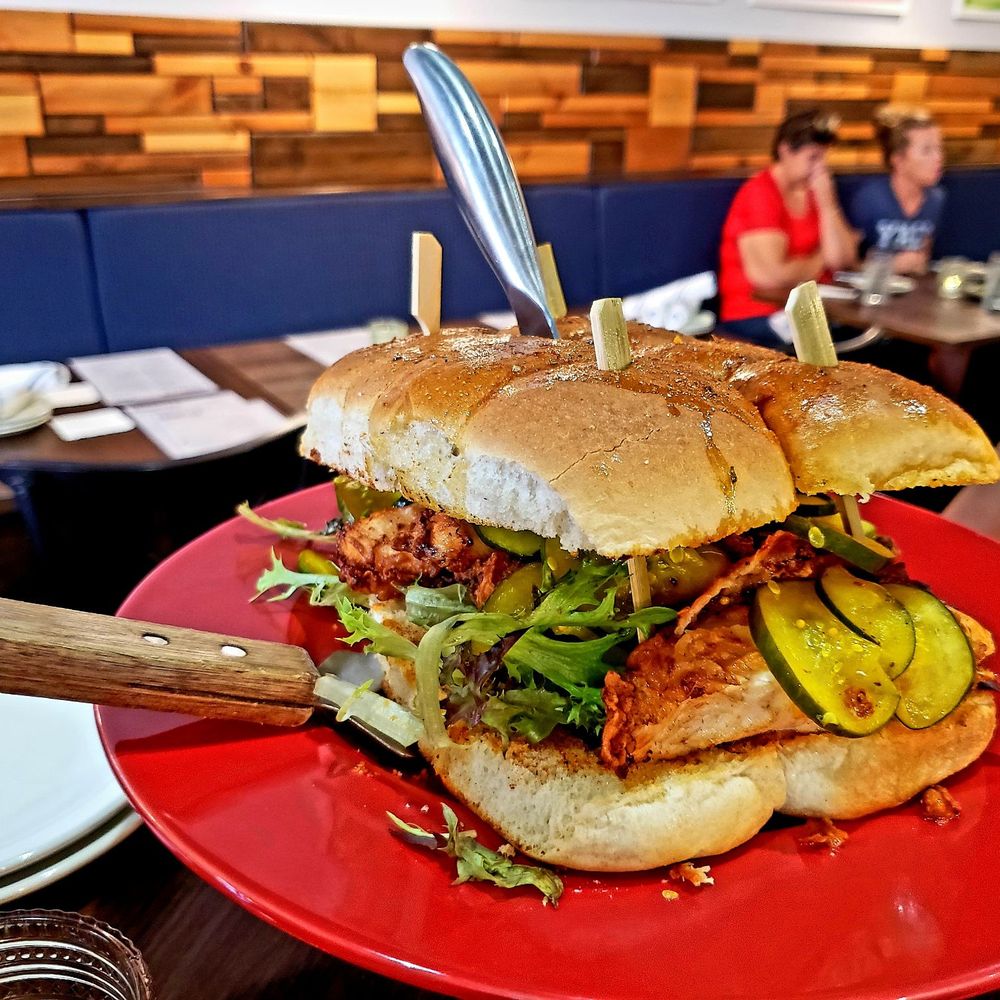 Kounter - Cake Stand Sliders (Chicken)- Buttermilk brined chicken with pickles, roasted tomato & malt vinegar. HUGE! - New American Near Me - Rock Hill, South Carolina