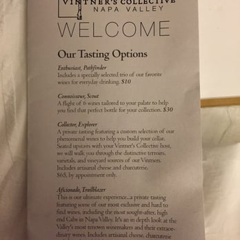 Vintner's Collective - Napa Valley - Tasting options, September 2015. Note that tasting fees are NOT waived with purchase. - Wine Tasting Room Near Me - Napa, California