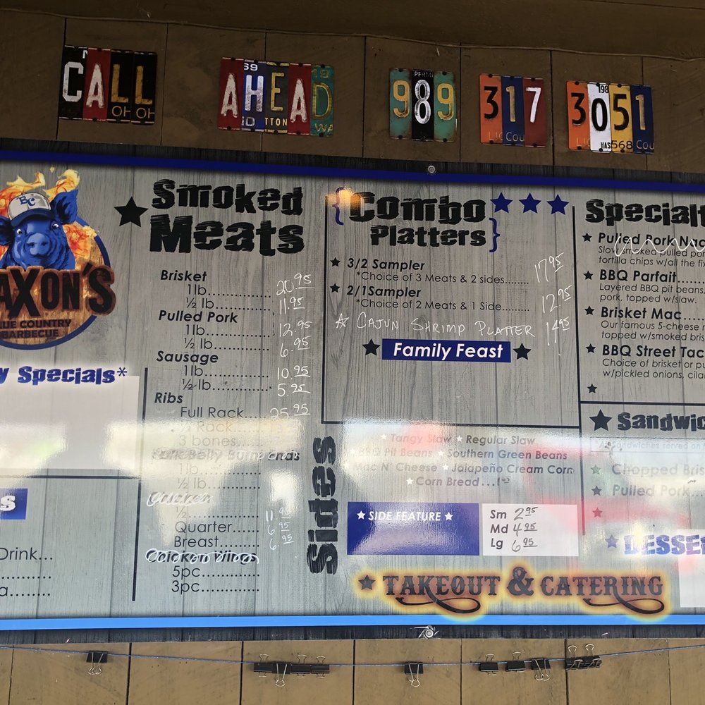 Maxons Blue Country Barbecue - Menu board - Food Trucks Near Me - Mount Pleasant, Michigan Maxons Blue Country Barbecue - Menu board - Food Trucks Near Me - Mount Pleasant, Michigan