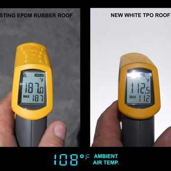 Arrington Roofing - On a hot Texas summer day a black EPDM Rubber Roof the surface temp can be 187 degrees. A White TPO roof is 75 degrees cooler - Roofing Near Me - Dallas, Texas